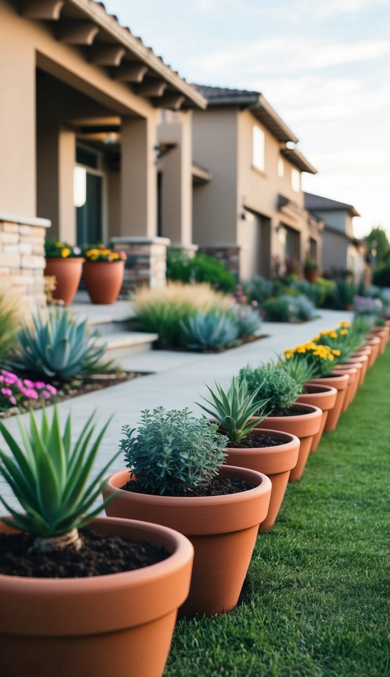 A row of terracotta pots filled with drought-tolerant plants lines the front yard, creating a colorful and low-maintenance landscape