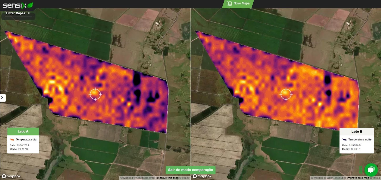 Sensoriamento por Radar: a imagem à esquerda mostra a temperatura medida durante o dia, enquanto a imagem à direita mostra a medição realizada durante a noite. A escala é relativa, ou seja, está de acordo com a média de cada mapa – o que explica a semelhança nas cores.