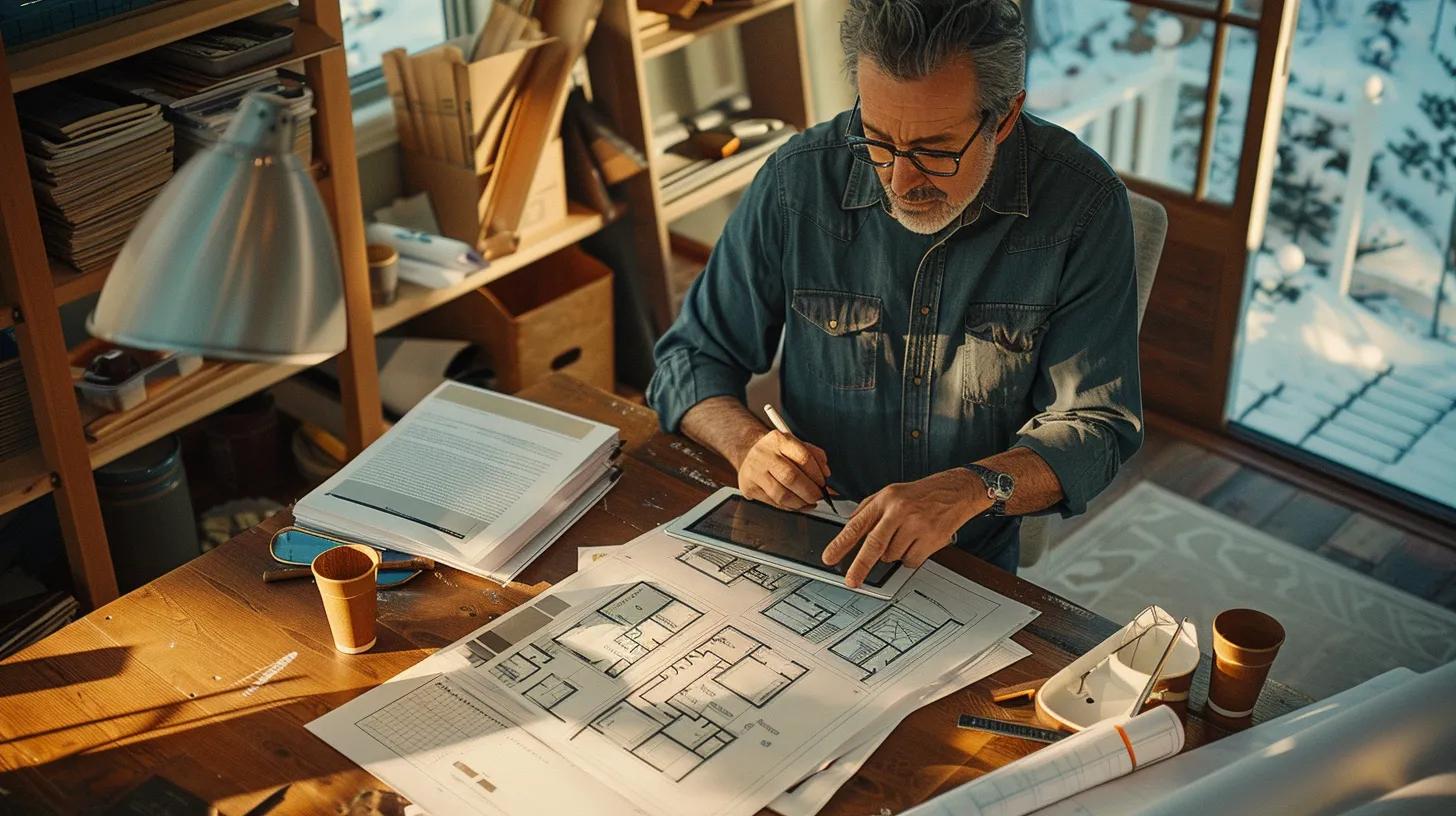 A homeowner reviewing contractor portfolios on a tablet, surrounded by brochures, blueprints, and coffee cups—emphasizing personal research and decision-making.