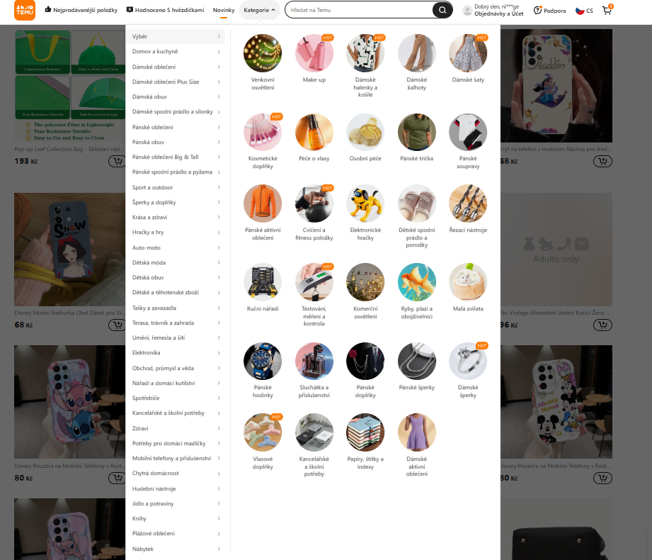 Filtrace a menu e-shopu