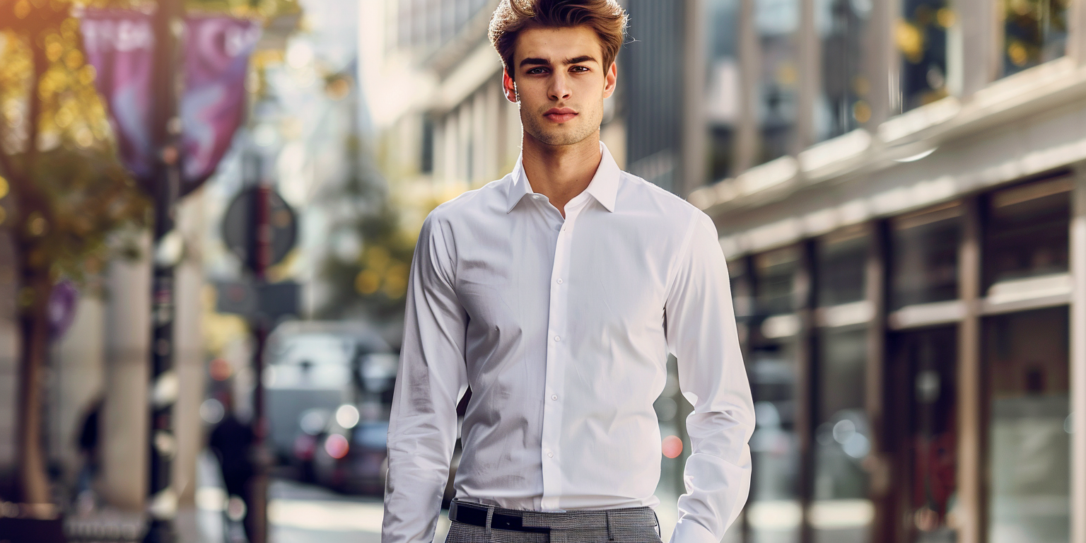 A slim male model wearing a slim fit dress shirt, tapered waist and narrow sleeves clearly visible. Clean, modern background, stylish pose to highlight the tailored cut