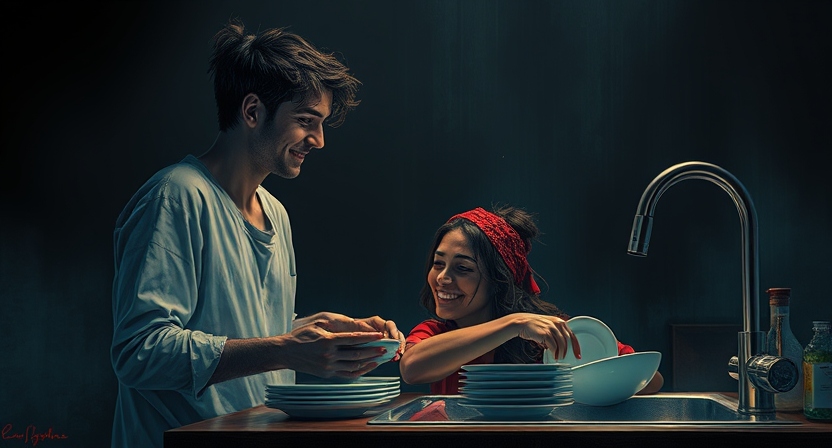 Two people standing side by side at the sink, quietly smiling, drying plates and chatting after a successful meal