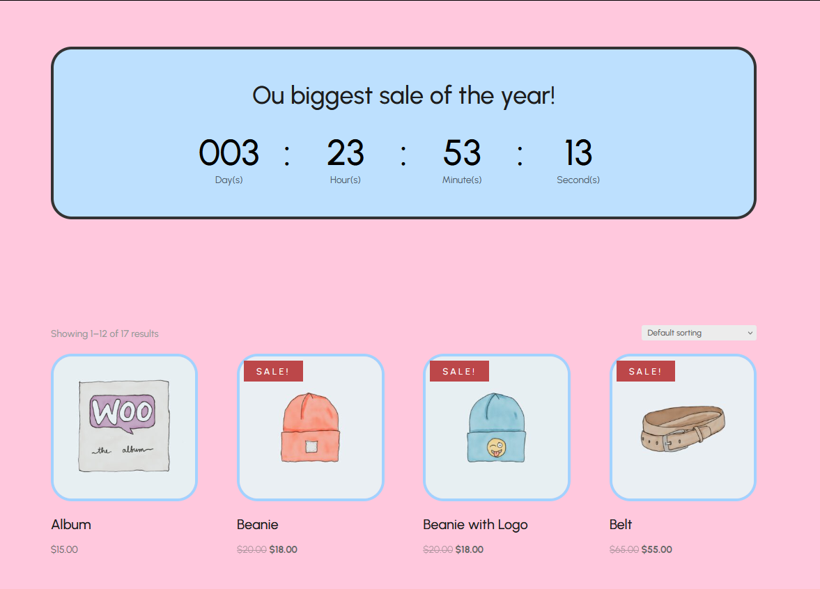 A custom WooCommerce shop page template with a countdown timer built using Divi.