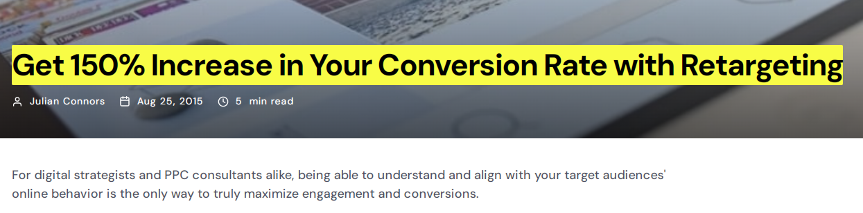 Screenshot illustrating that conversion rates increase 150% with retargeting