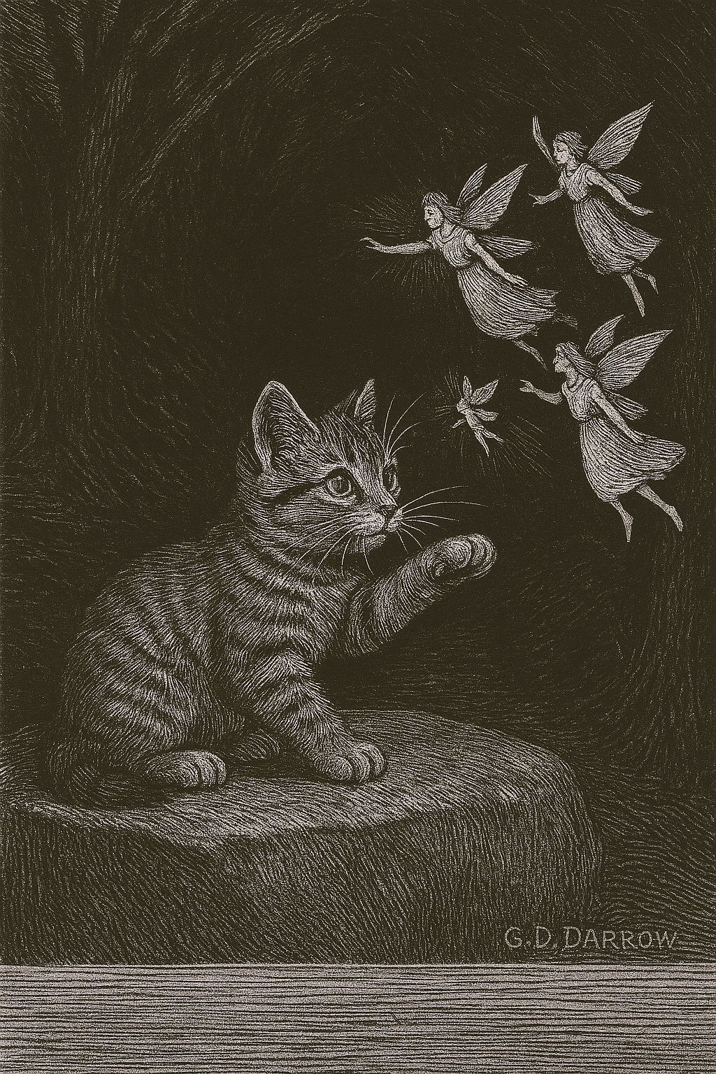 A woodcut by GD Darrow of Miss Tiggles and friends
