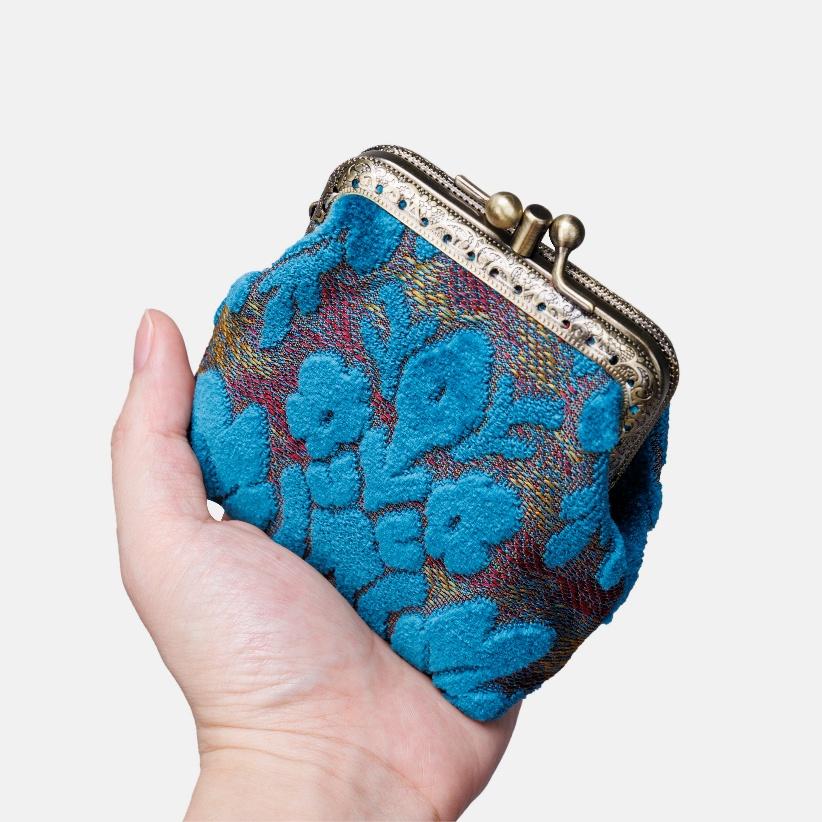 Burnout Velvet Aqua Blue Double Kiss Clasp Coin Purse  MCW Handmade