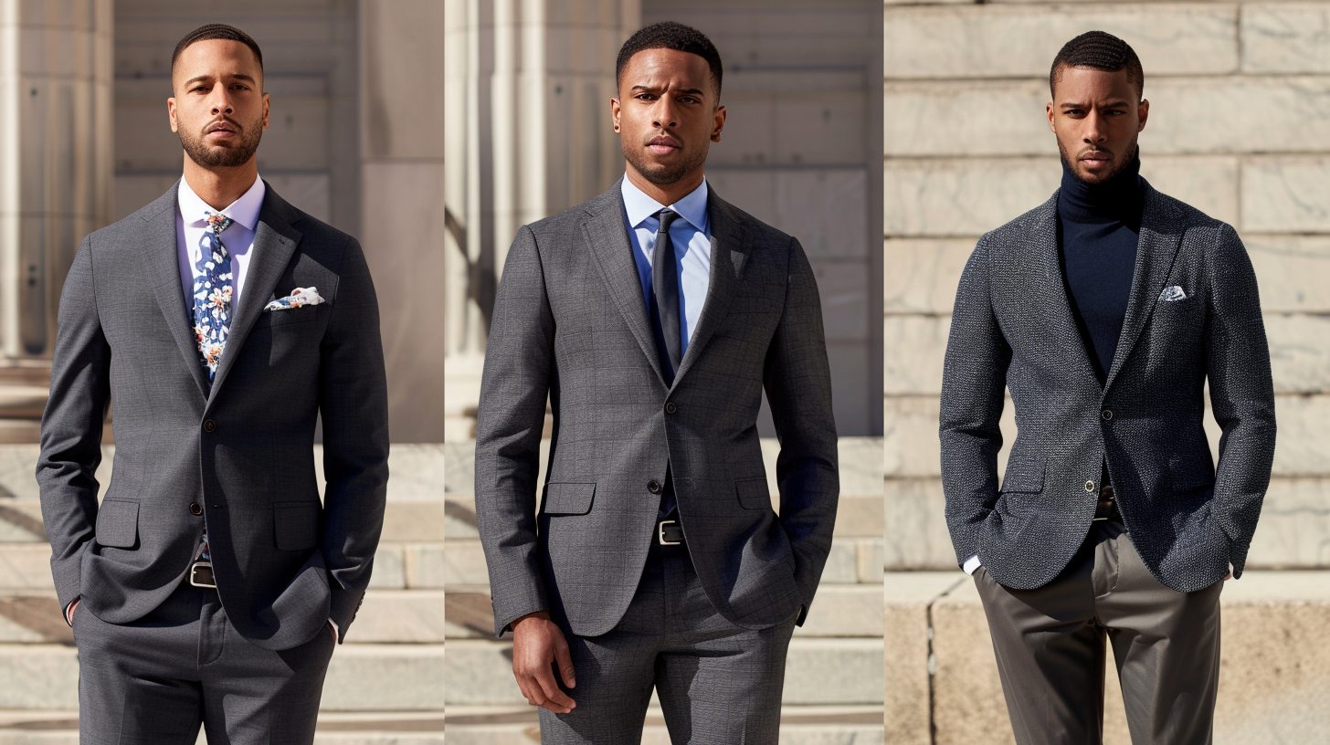 Man wearing a dark gray suit styled three ways in a triptych: (1) with a white shirt and floral tie for a wedding, (2) with a blue dress shirt and solid tie for work, (3) with a black turtleneck and sneakers for a weekend event. Elegant transitions showing versatility across formal, business, and smart-casual settings.