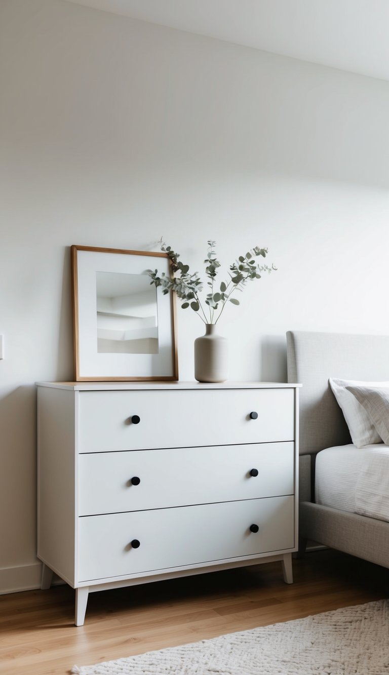 A simple, Shaker-style dresser in a minimalist bedroom with clean lines and neutral colors