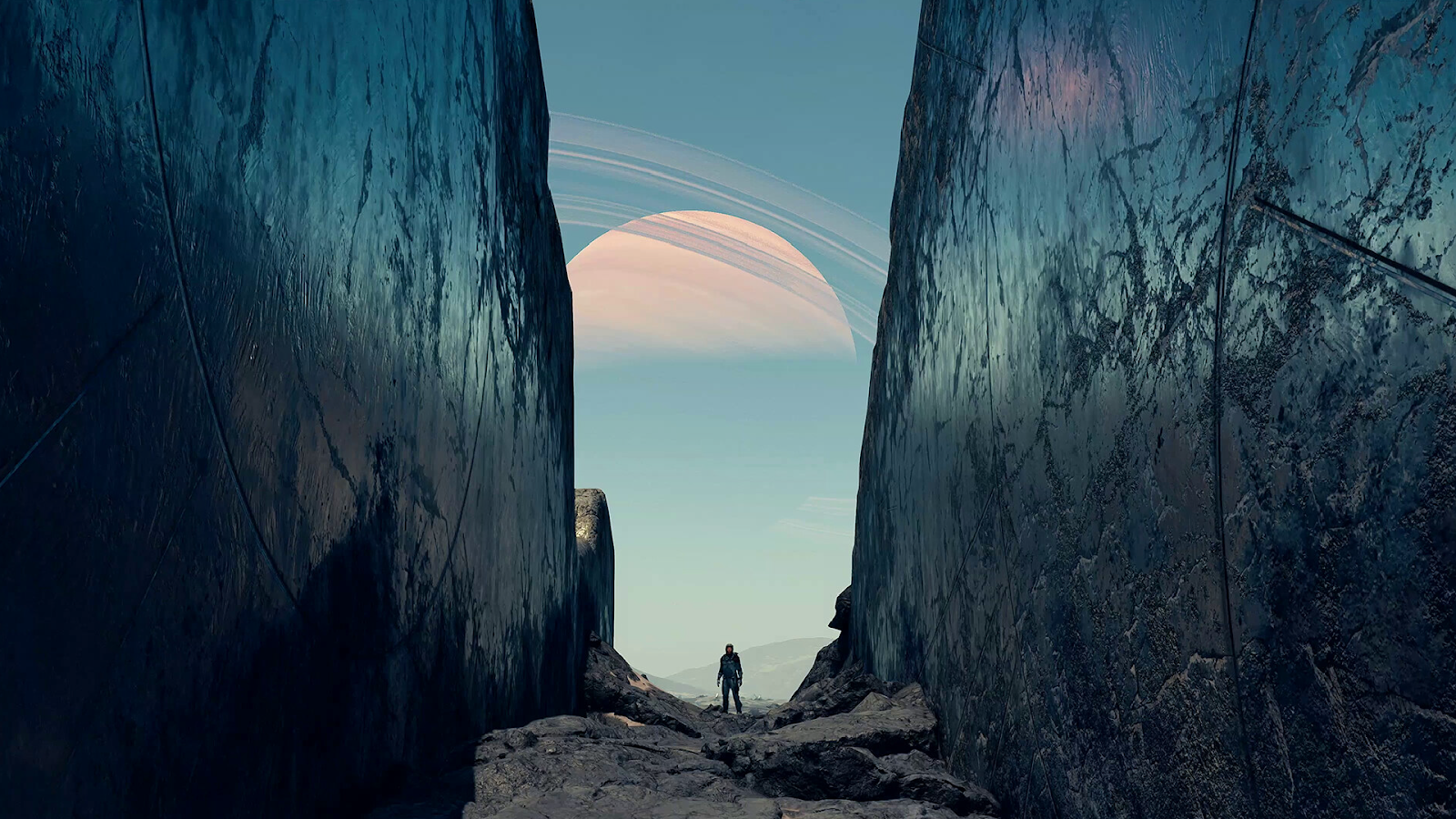 Screenshot of a character in a valley in Starfield.
