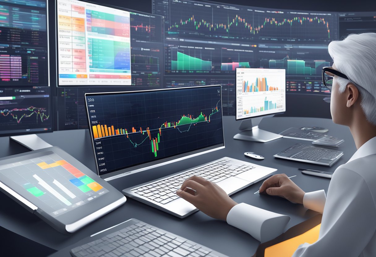 A sleek, futuristic trading platform interface with dynamic data visualizations and real-time stock market updates