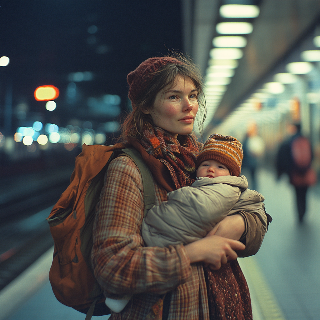 Lilly begging while standing with Matthew at the train station | Source: Midjourney