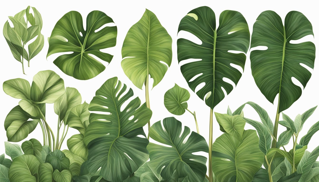 Philodendron Gloriosum and Splendid side by side, displaying differences in leaf size, shape, and texture. Gloriosum's velvety, heart-shaped leaves contrast with Splendid's glossy, elongated ones