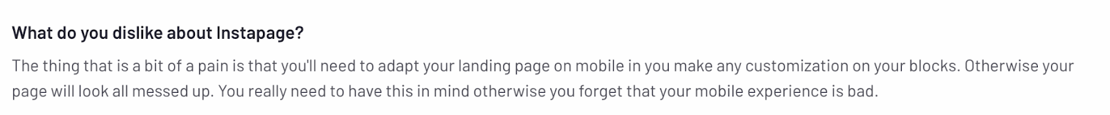 Screenshot of a user review for Instapages' poor mobile responsiveness