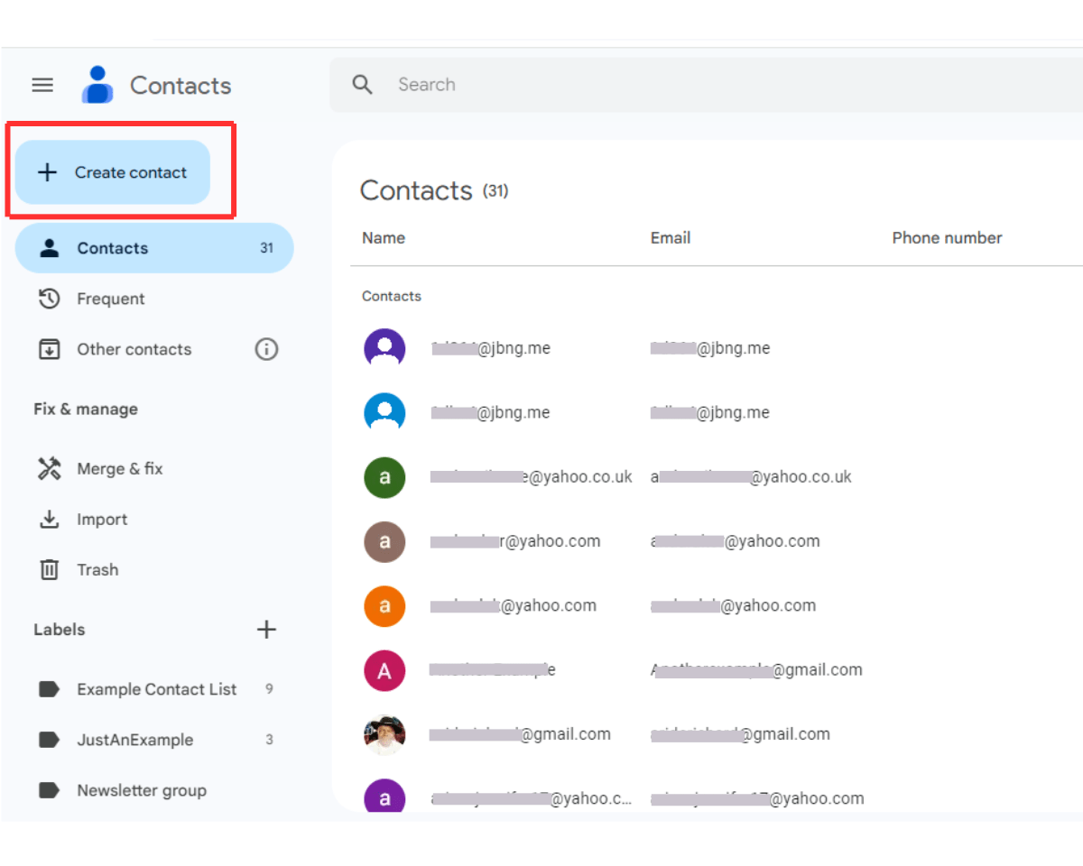 How to add contacts to Gmail: After opening the Google Contacts page, click Create contact