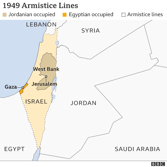 Bản đồ khu vực dựa trên nhóm Hoà ước Đình chiến giữa Israel và các nước Ả rập sau chiến tranh Israel - Ả rập lần thứ nhất, ký năm 1949.