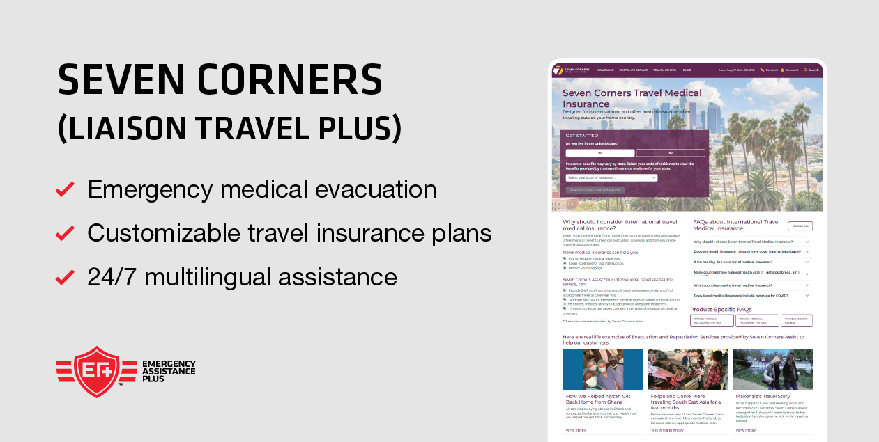 screenshot of Seven Corners website with bulleted list of company highlights.