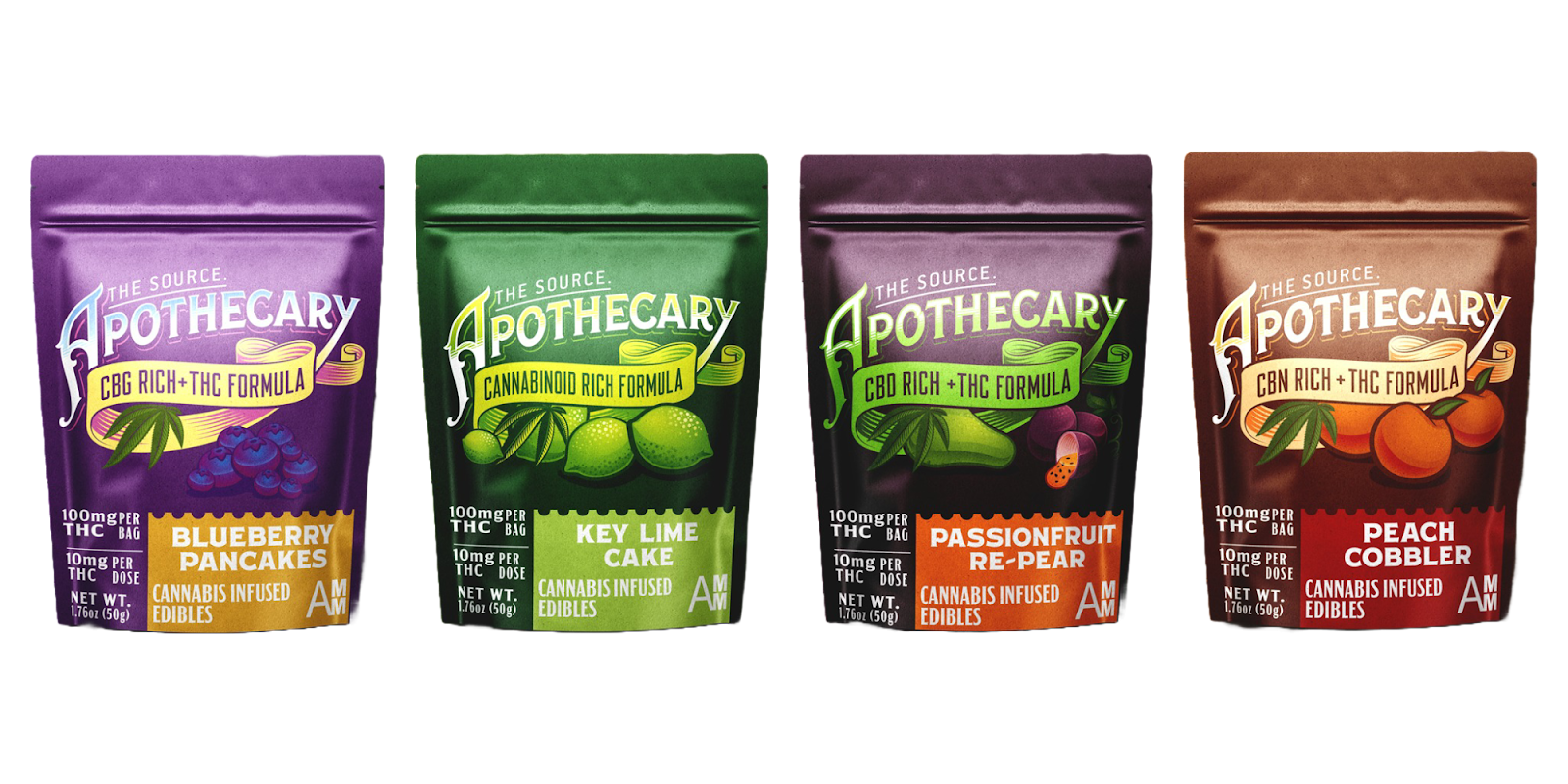 Product lineup of The Source Apothecary's Cannabinoid Rich Gummy line. Four colorful packages showcase different flavors and formulas: Blueberry Pancakes (CBG Rich), Key Lime Cake (Cannabinoid Rich), Passionfruit Re-Pear (CBD Rich), and Peach Cobbler (CBN Rich). Each package features vibrant fruit imagery and indicates its specific cannabinoid focus along with THC content. All products are labeled as cannabis-infused edibles with 100mg THC per bag and 10mg THC per dose.