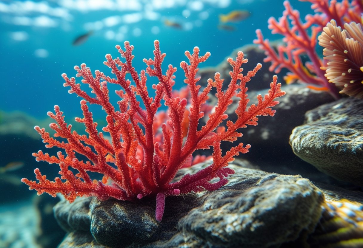 Alga vermelha Lithothamnium crescendo em rochas subaquáticas em um ambiente marinho natural.