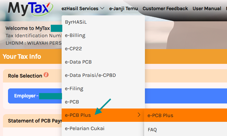 Screencap of MyTax Portal dashboard  showing dropdown menu of ezHasil Services and option to select 'e-PCB Plus'