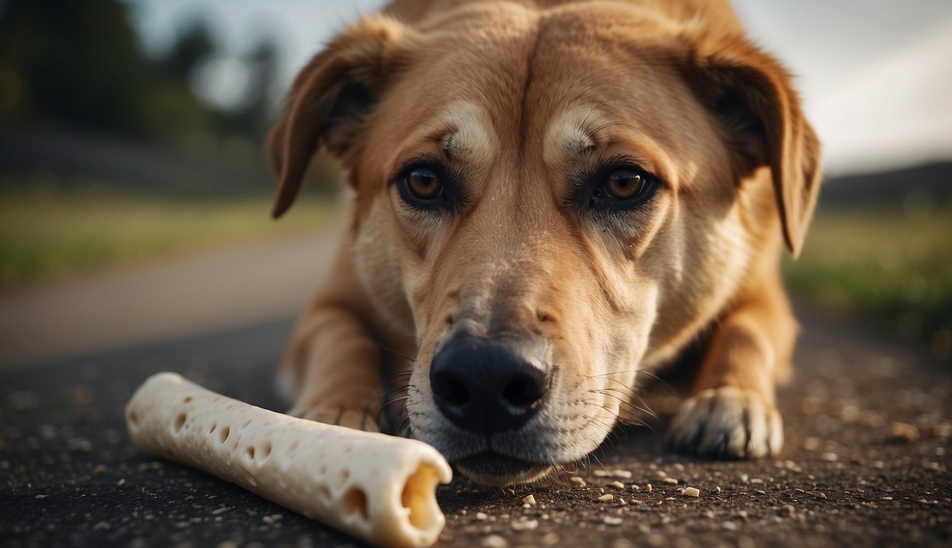 A large, powerful dog aggressively chews on a durable bone, with pieces of the bone scattered around the area