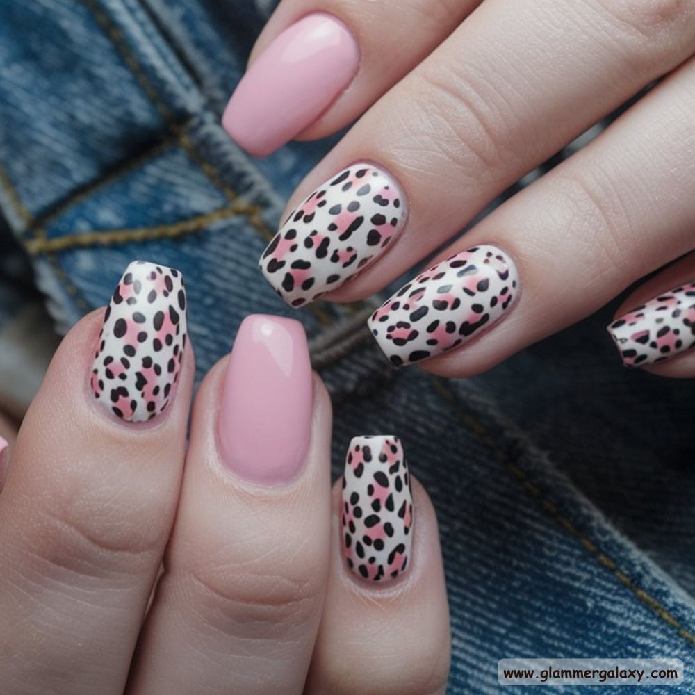 Neutral Leopard Print Nails having Delicate Pink and White Leopard Details
