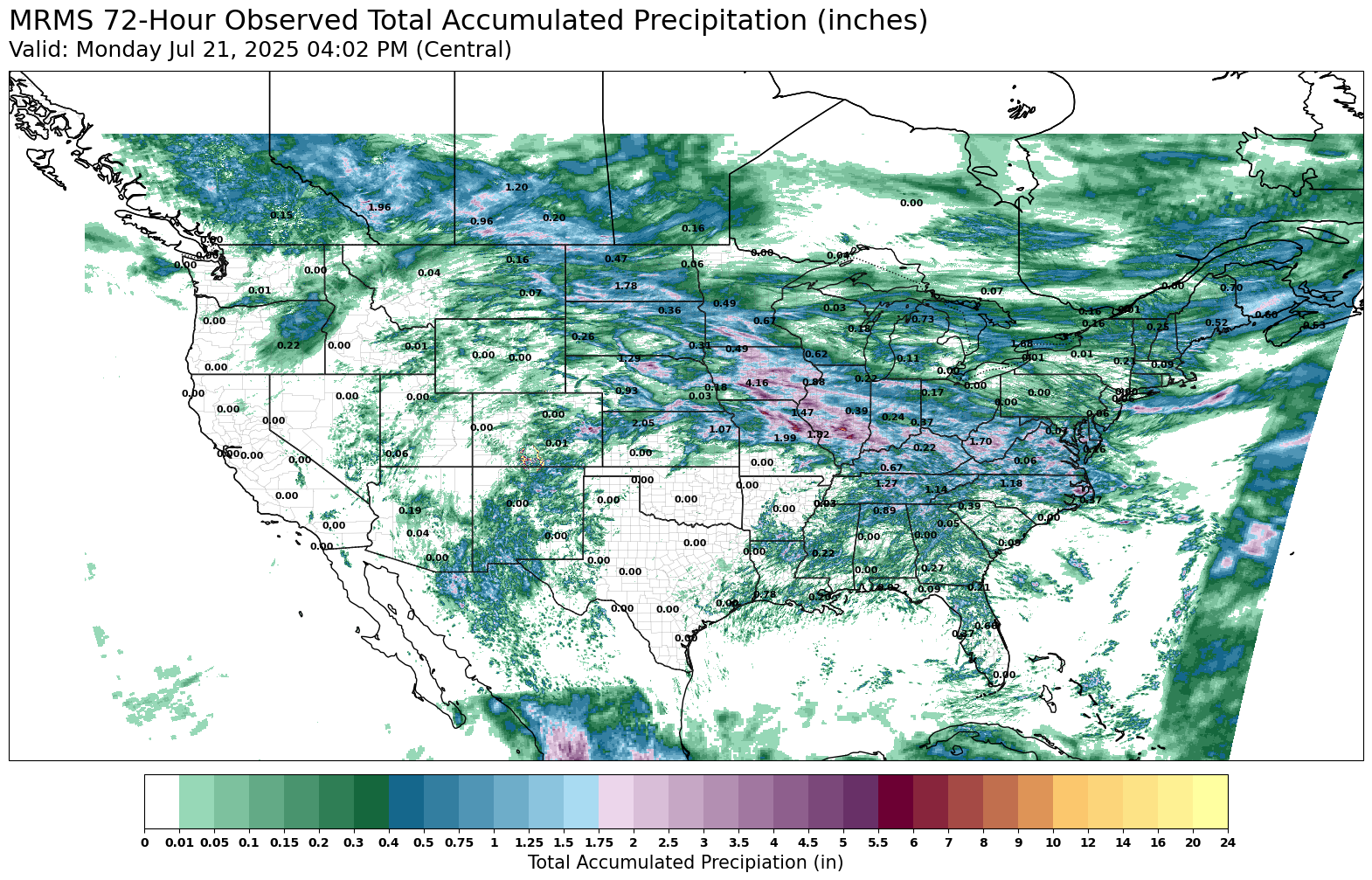 MRMS 72 Hour observed total accumulated precipitation (inches) Valid Monday, July 21 4:02 p.m. CT