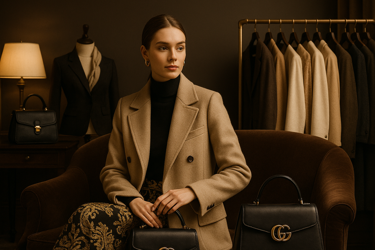 Image showcasing a woman wearing branded clothes for luxury branding