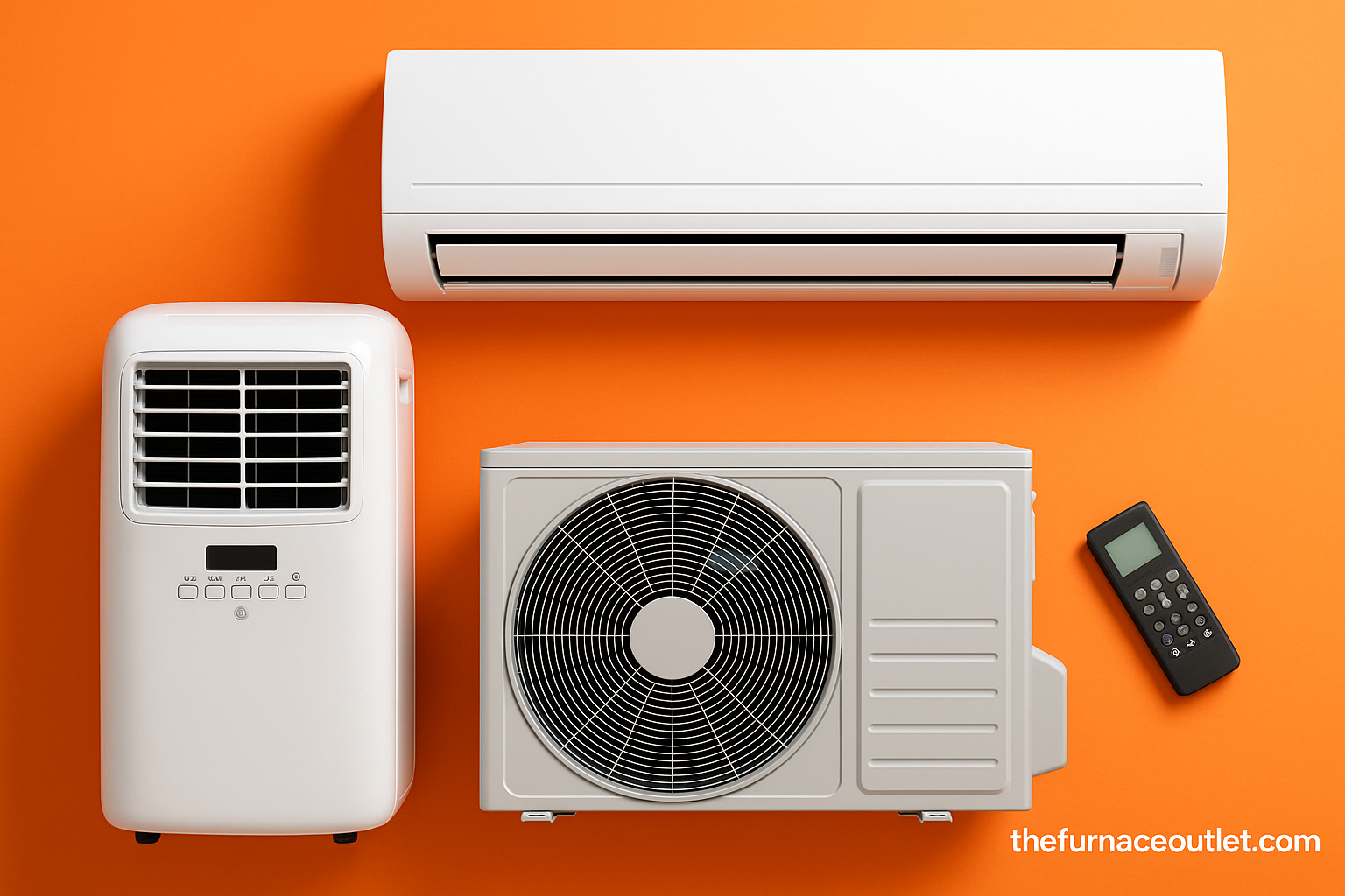 A digital photograph displays three types of HVAC systems—a ductless mini-split, a portable air conditioner, and an outdoor condenser unit—on a bright orange background, with a black remote and thefurnaceoutlet.com branding in the corner.
