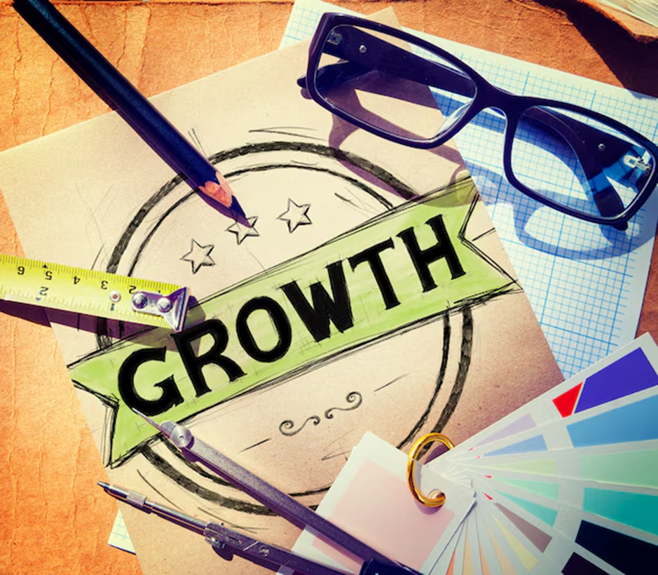 Different stationery items scattered around a page titled "growth"