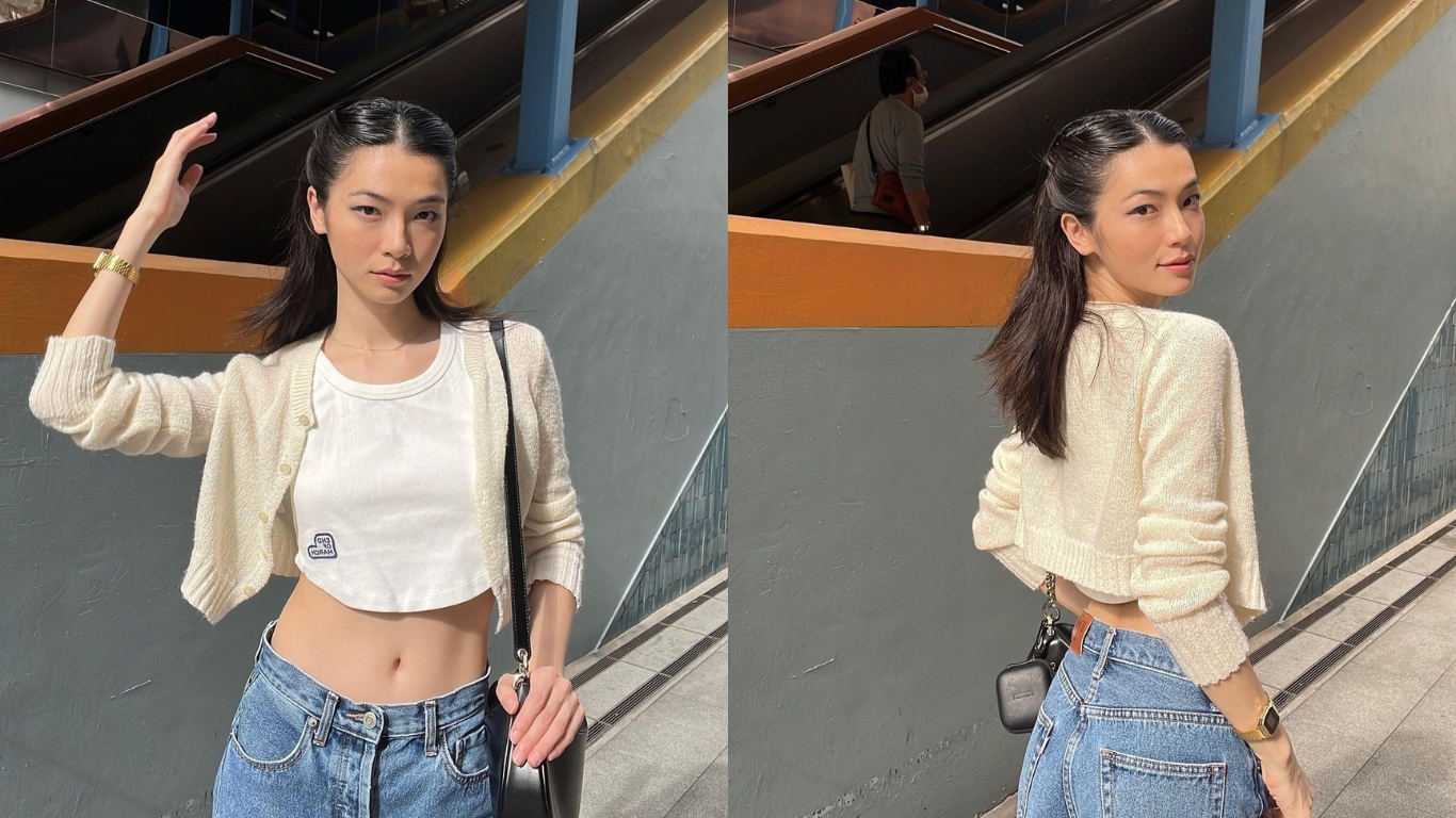 tóc con - cô gái châu Á tạo kiểu tóc buộc nửa đầu và mặc áo crop top, cardigan và quần jeans