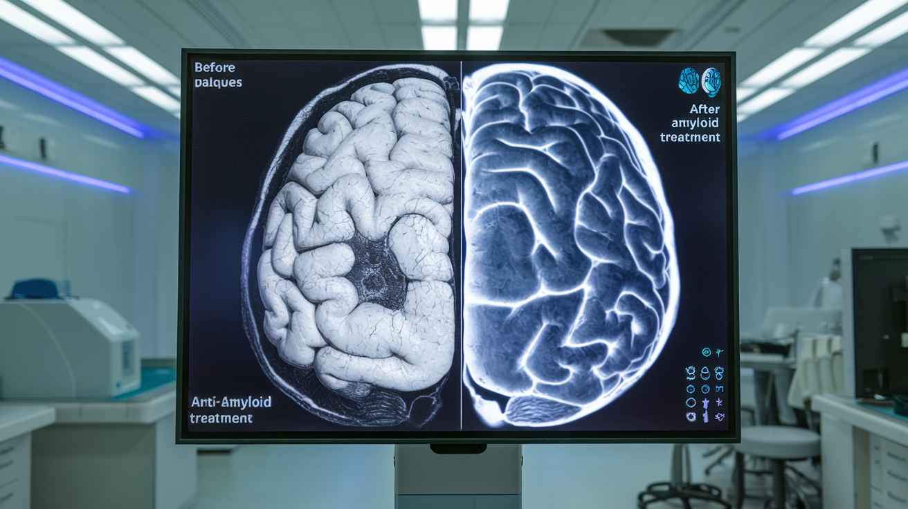 Create a realistic image of a split-screen display showing two different brain scans side by side, with one labeled "Before Anti-Amyloid Treatment" and the other "After Anti-Amyloid Treatment", highlighting visible differences in brain structure and amyloid plaques, set against a clean, medical laboratory background with subtle blue lighting.