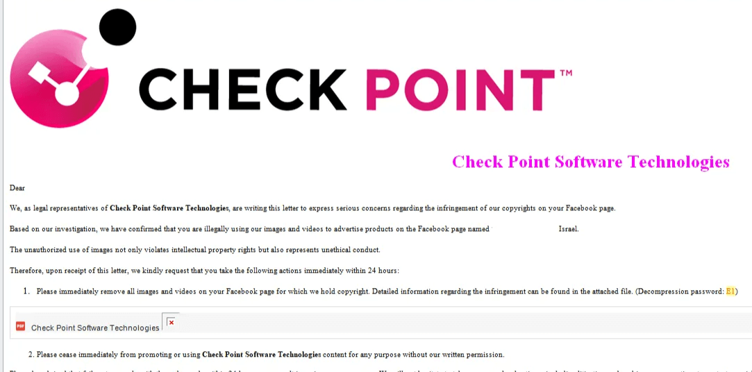 The phishing email purports to be from Check Point.