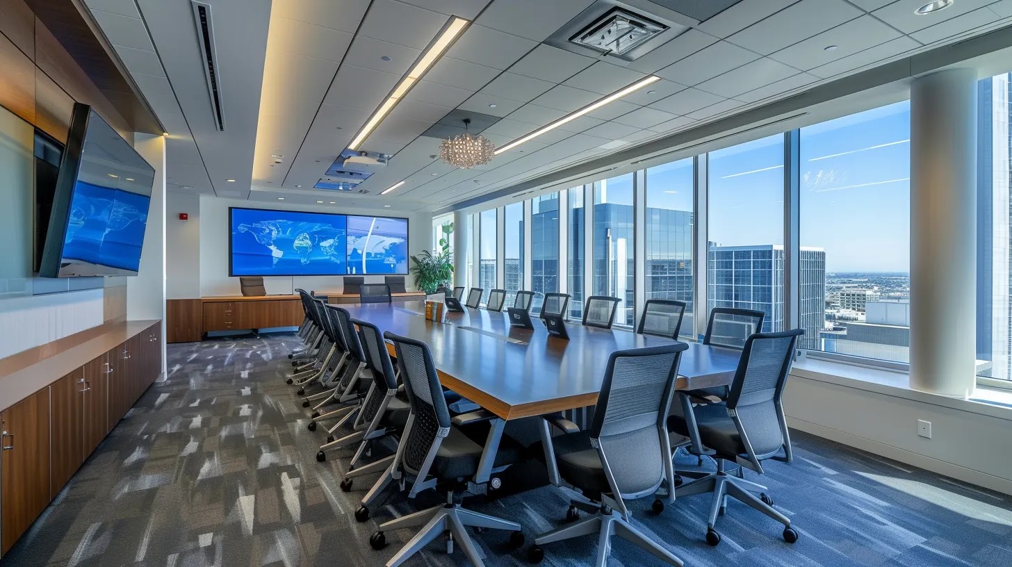 a modern office conference room filled with professionals engaged in a dynamic discussion about selecting the ideal commercial cleaning partner, featuring sleek design elements, digital displays showcasing service options, and a focus on eco-friendly practices.
