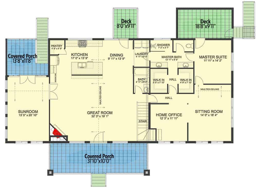 Main level floor plan of a 3-bedroom single-story mountain ranch home with great room, kitchen, dining area, sunroom, laundry room, home office, sitting room, primary suite, and plenty of outdoor spaces.