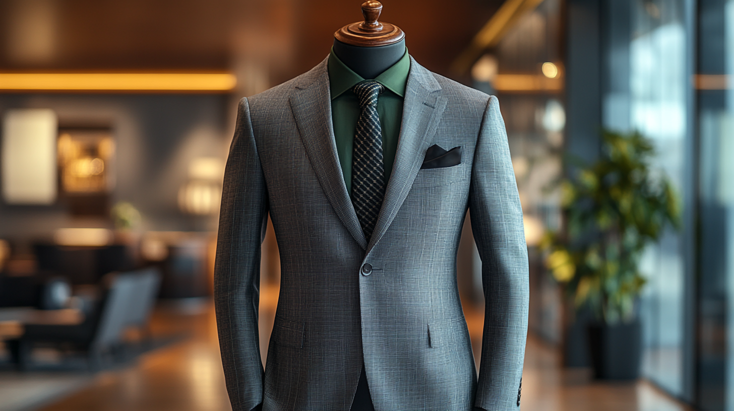 A mannequin wearing a tailored gray suit with a green shirt and a sleek black tie. The outfit is sharp and professional, styled for a formal business meeting. The ensemble is completed with polished black dress shoes, a black leather belt, and a neatly folded pocket square. The background is a high-end corporate office with modern furniture.