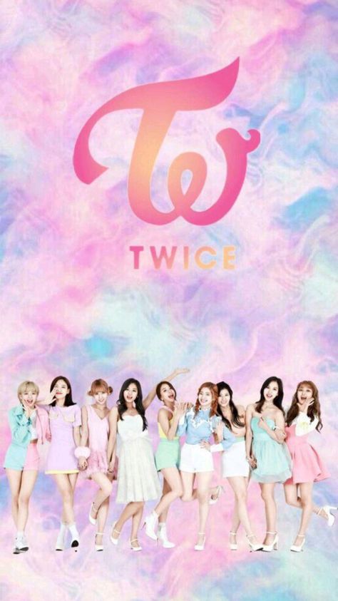 This contains an image of  twice wallpaper with girls'generation members in pastel colors and the words twice on it