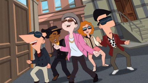 a group of cartoon characters dancing on a street