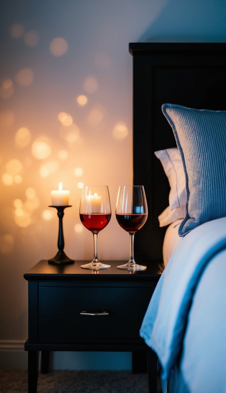 Two red wine glasses on a nightstand, with soft candlelight casting a romantic glow in a master bedroom