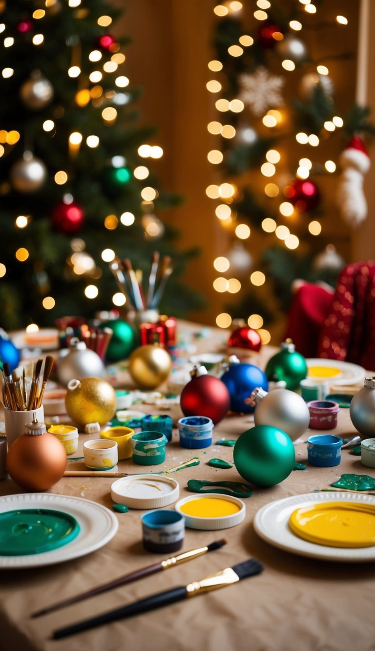 A table scattered with clay ornaments, paint, and brushes, surrounded by festive decorations and twinkling lights