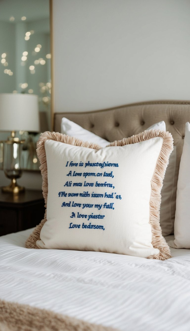 A plush pillow with a love poem embroidered on it sits on a neatly made bed in a softly lit master bedroom