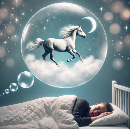 A dreamy illustration of a horse galloping gracefully on a cloud within a floating bubble above a sleeping person's head.