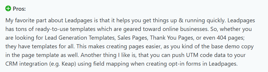 Screenshot of a Capterra review describing Leadpages' CRM integration