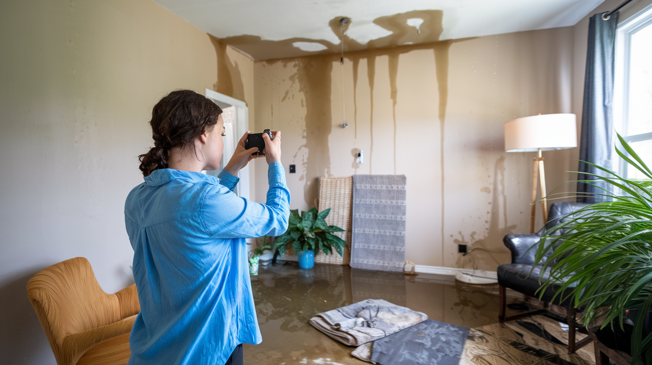 an image of woman taking photos of the damage to there house after a leak