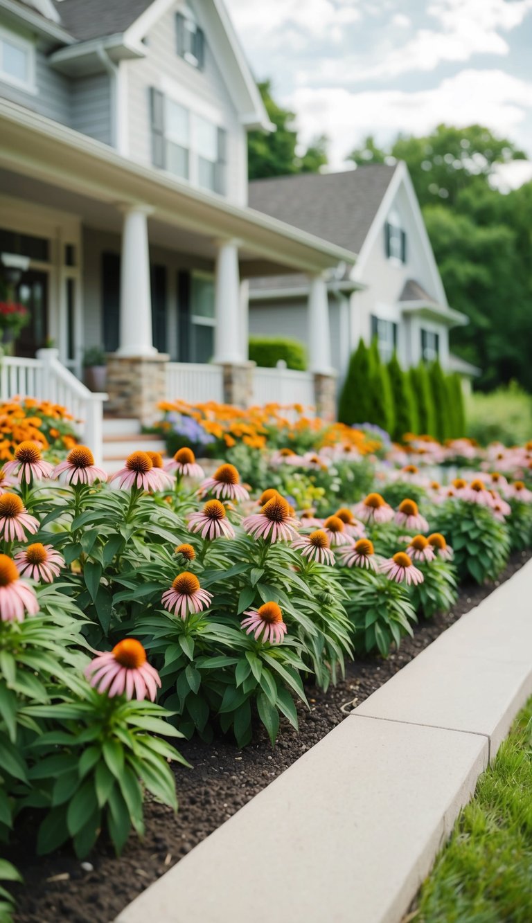 21 Echinacea flower beds line the front of a house