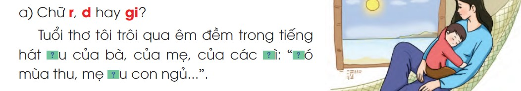 BÀI 15: CON CÁI THẢO HIỀNChia sẻChọn từ (cha, mẹ, con) phù hợp với ô trống:(1) Công .... như núi ngất trờiNghĩa mẹ như nước ở ngời Biển Đông(2) Có vàng, vàng chẳng hay phôCó con, ... nói trầm trồ mẹ nghe(3) Ơn cha nặng lắm .... ơiNghĩa ... bằng trời chín tháng cưu mangGiải nhanh:(1)  cha  (2)  con (3)  con, mẹBÀI ĐỌC 1: NẤU BỮA CƠM ĐẦU TIÊNĐọc hiểu Câu 1: Bạn nhỏ trong bài thơ làm việc gì?Trả lời:Bạn nhỏ trong bài thơ đang nấu bữa cơm cho gia đình.Câu 2: Mâm cơm được bạn nhỏ chuẩn bị như thế nào? Chọn ý đúng:a. Chuẩn bị rất đầy đủb. Chỉ thiếu trái ớt phần bốc. Có thêm một vết nhọ nồi trên máTrả lời:- Mâm cơm được bạn nhỏ chuẩn bị: c. Có thêm một vết nhọ nồi trên máCâu 3: Em nghĩ bố mẹ sẽ nói gì khi thấy vết nhọ nồi trên má con? Chọn ý em thích?a. Con có vết nhọ trên má kìa!b. Ôi, con tôi đảm đang quá!c. Lần đầu nấu cơm vất vả quá!Trả lời:- Khi thấy vết nhọ nồi trên má con, em nghĩ bố mẹ sẽ nói: Đáp án: b. Ôi, con tôi đảm đang quá!Luyện tậpCâu 1: Các câu dưới đây thuộc mẫu câu nào?a. Bạn nhỏ rất chăm chỉ b. Bạn nhỏ lau từng chiếc bátc. Má bạn nhỏ hồng ánh lửaGiải nhanh:Ai như thế nào?Câu 2: Những tiếng nào trong khổ thơ cuối bắt vần với nhau? Chọn ý đúng:a. Tiếng nữa và tiếng rồib. Tiếng rồi và tiếng nồic. Tiếng nồi và tiếng lửaGiải nhanh:b. Bài viết 1Câu 1: Nghe - viết: Mai con đi nhà trẻGiải nhanh:Nghe - viếtCâu 2: Chọn chữ hoặc dấu thanh phù hợp:Giải nhanh:a. ru, dì, Gió b. bảo, lưỡi, quả \Câu 3: Chọn tiếng trong ngoặc đơn phù hợp với ô trống:Giải nhanh:a. để  dành        dành dụm      giành lấy        rành mạchb. một lần nữa      lát nữa      nửa trái ổi        một nửaCâu 4: Tập viết.BÀI ĐỌC 2: SỰ TÍCH CÂY VÚ SỮAĐọc hiểu Câu 1: Vì sao cậu bé bỏ nhà ra đi?Trả lời:Cậu bé bỏ nhà ra đi vì ham chơi, bị mẹ mắng.Câu 2: Khi quay về nhà, không thấy mẹ, cậu bé làm gì?Trả lời:Khi quay về, không thấy mẹ nữa, cậu khản tiếng gọi mẹ, rồi ôm lấy một cây xanh trong vườn mà khóc.Câu 3: Khi cậu bé ôm cây xanh mà khóc, điều kì lạ gì đã xảy ra?Trả lời:Khi cậu bé ôm cây xanh mà khóc, điều kì lạ xảy ra là cây xanh bỗng run rẩy, từ các cành lá, đài hoa bé tí đều trổ ra, nở trắng như mây, hoa tàn, quả xuất hiện, lớn nhanh, da căng mịn, xanh óng ánh rồi chín. Một quả rơi vào lòng cậu.Câu 4: Những hình ảnh nào của cây vú sữa gợi cho cậu bé nhớ đến mẹ?Trả lời:- Hình ảnh gợi cho cậu nhớ đến mẹ là: Nhìn lên tán lá như mắt mẹ khóc chờ conCây xòa cành ôm cậu như tay mẹ âu yếm vỗ về.Luyện tập Câu 1. Theo em, nếu được gặp lại mẹ, cậu bé sẽ nói lời xin lỗi thế nào? Mẹ sẽ an ủi cậu ấy thế nào?Giải nhanh: Mẹ ơi! Con sai rồi, con xin lỗi mẹ. Lần sau con sẽ không ham chơi nữa ạ