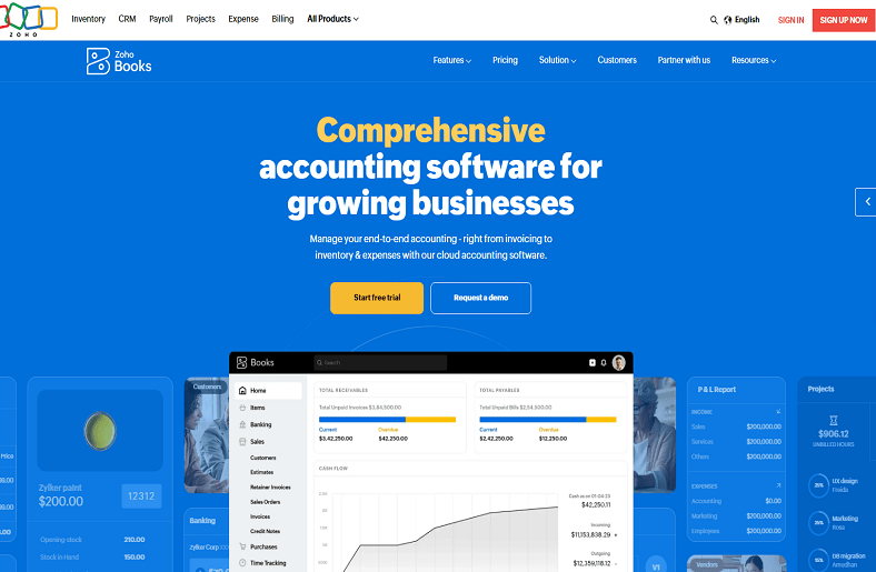  Zoho Books website homepage with a focus on comprehensive accounting software for growing businesses