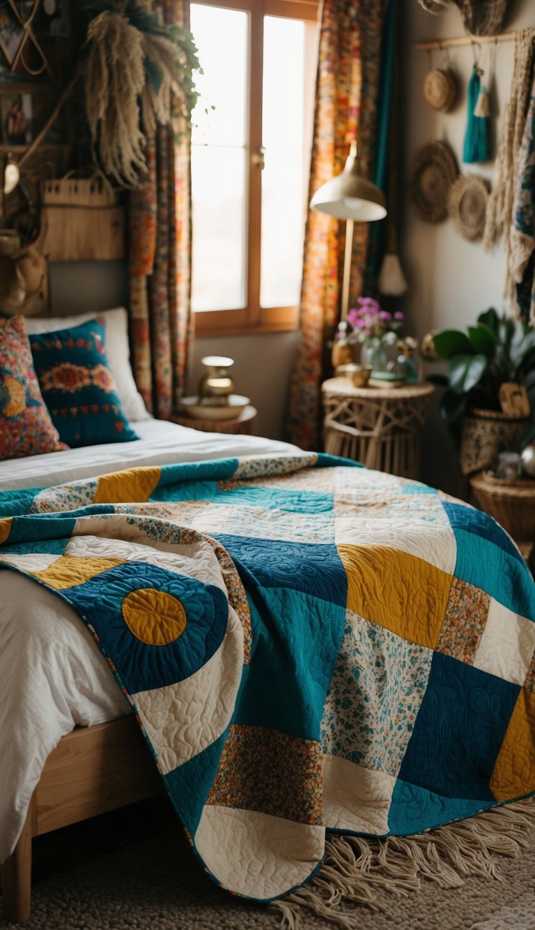 A cozy bohemian bedroom with a colorful handmade patchwork quilt draped over a bed. The room is filled with eclectic decor and natural textures, creating a warm and inviting atmosphere