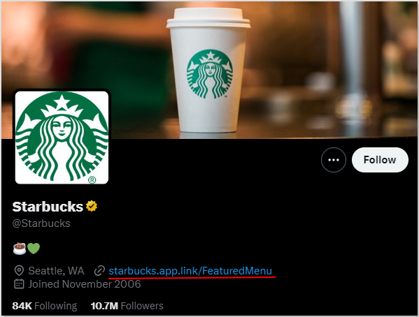 Starbucks using short link on X bio