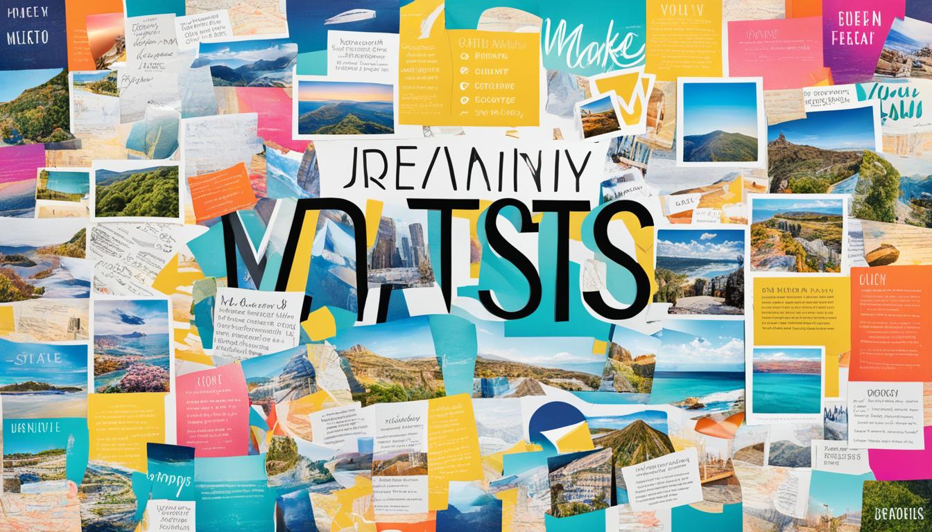 An image of a vision board with a collage of images that represent your desired future. Include pictures of your dream career, travel destinations, material possessions, and personal relationships. Use bright and vibrant colors to symbolize the energy and positivity you want to manifest in your life. Add motivational phrases such as "Make it happen" and "Manifest your desires" in subtle ways throughout the image. Show different aspects of your life coming together, creating a cohesive vision of your ideal future.