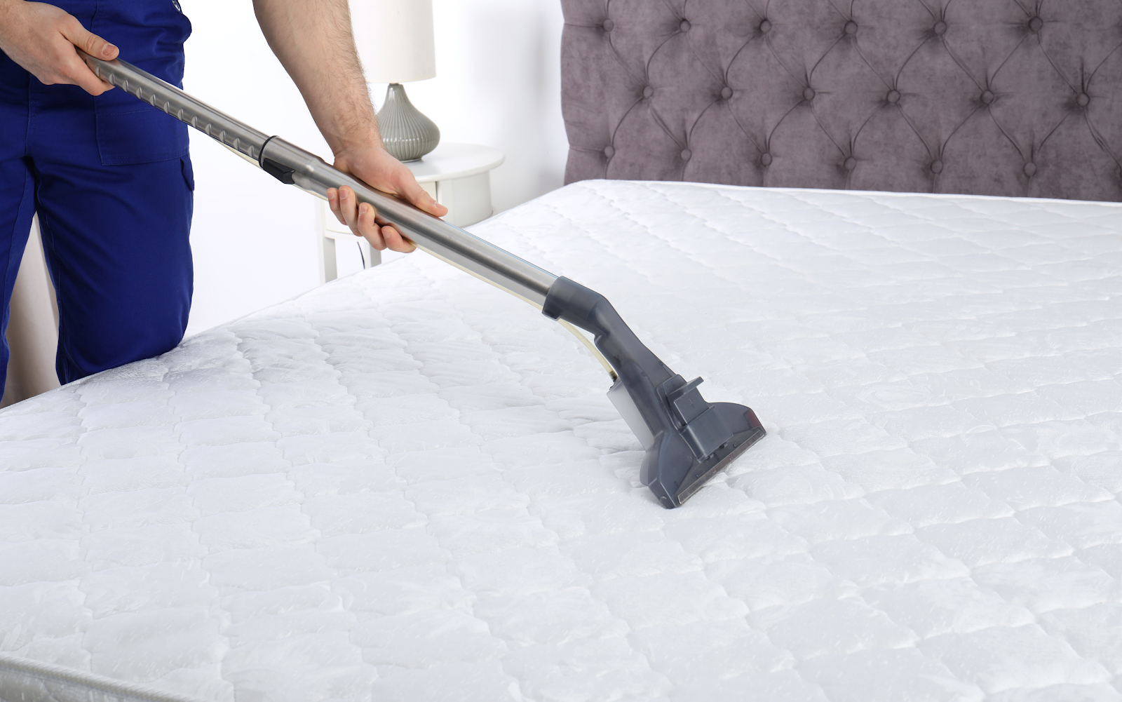 Professional mattress cleaning with vacuum attachment to remove dust, allergens, and stains in a modern bedroom